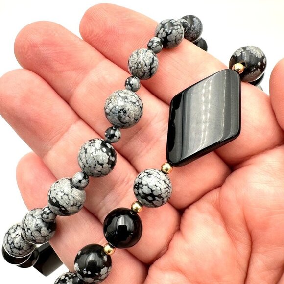 10K Gold Snowflake Obsidian Gemstone Bead 22 Inch Necklace Chinese Clasp - Picture 3 of 3